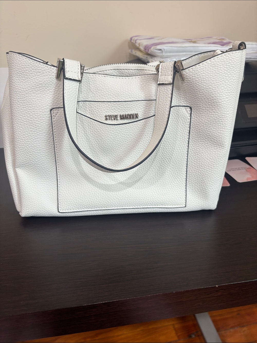 Steve Madden White Pebbled Top-Handle Tote